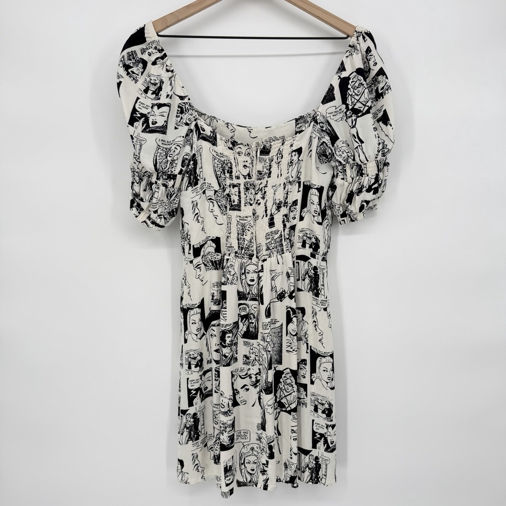 Reformation Sz 12 Lianne Newspaper Print‎ Mini Dress Black & White Puff Sleeve - Picture 3 of 8